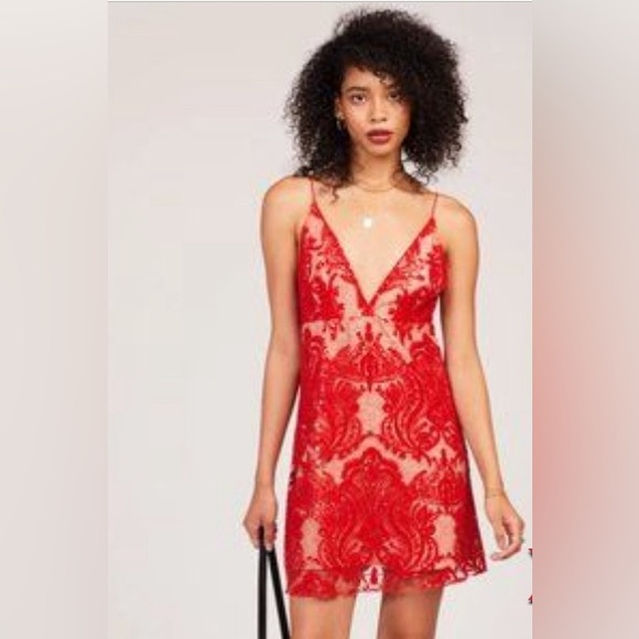 Free People Dresses & Skirts - Free People Red Lace Deep V Neck Night Shimmer Mini Dress • Size 4